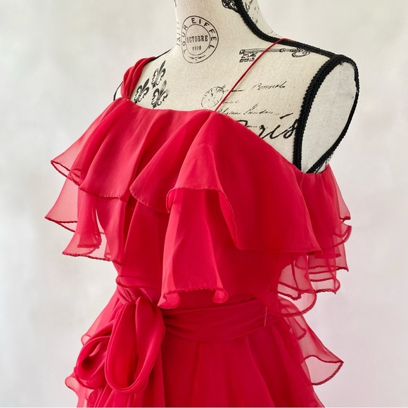 Vintage Miss Elliette Cascading Ruffles Maxi Dress Evening Gown Red 6 - Picture 7 of 16